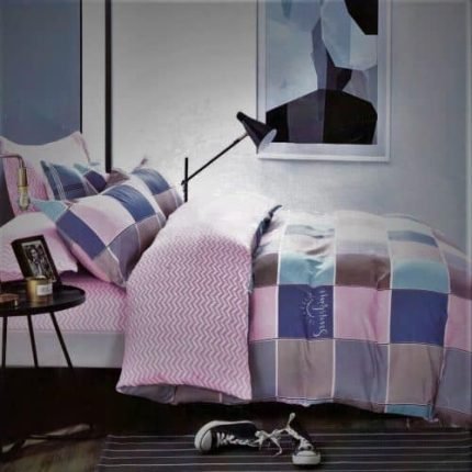 kockás ágynemű mályva színben 7 részes