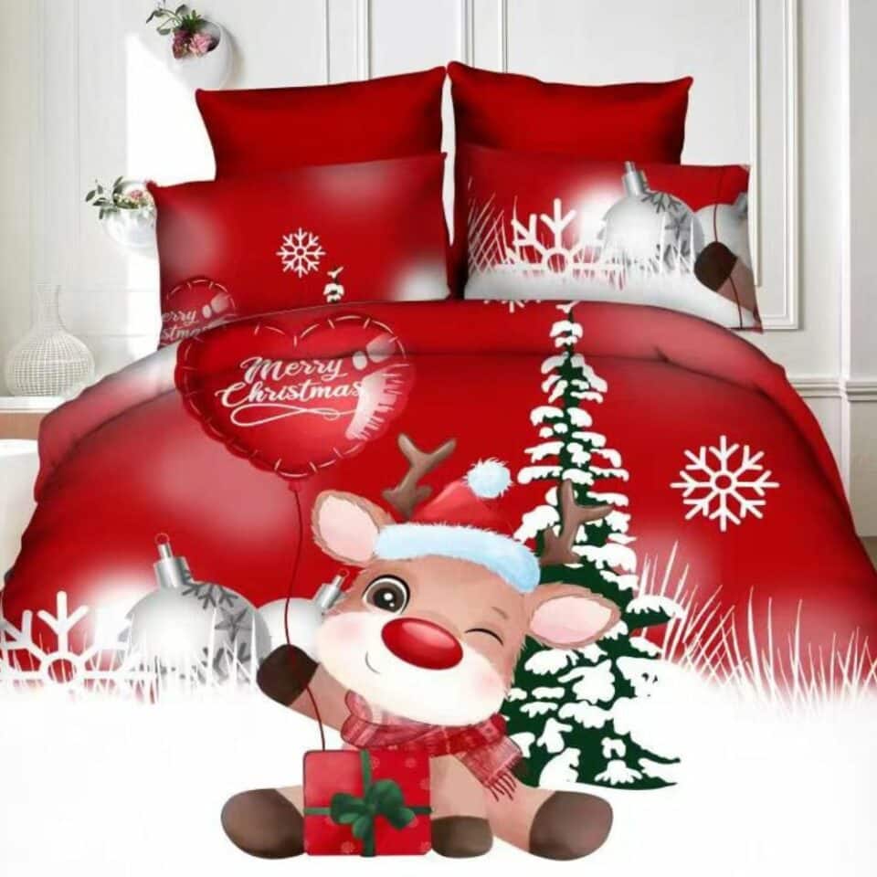 Merry Christmas piros ágynemű házikóval
