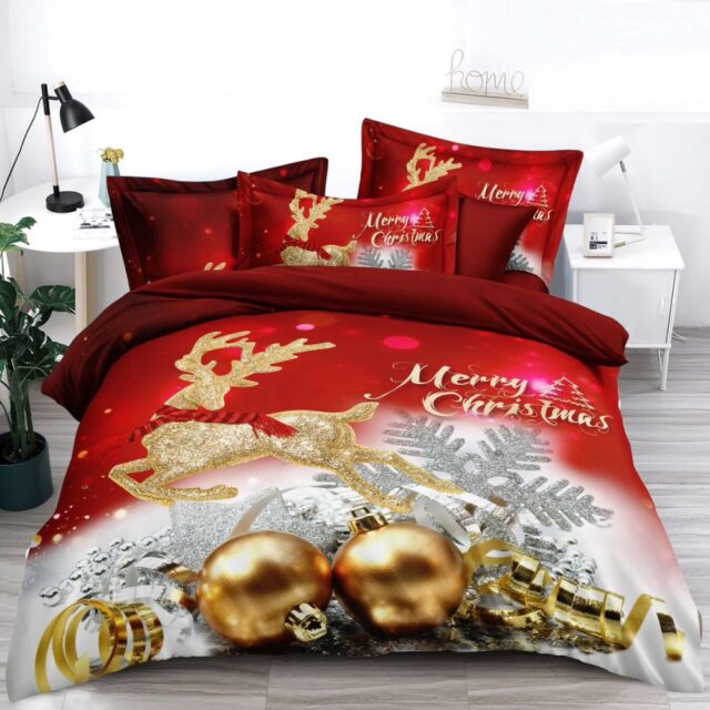 Piros fehér karácsonyi ágynemű arany gömbökke
