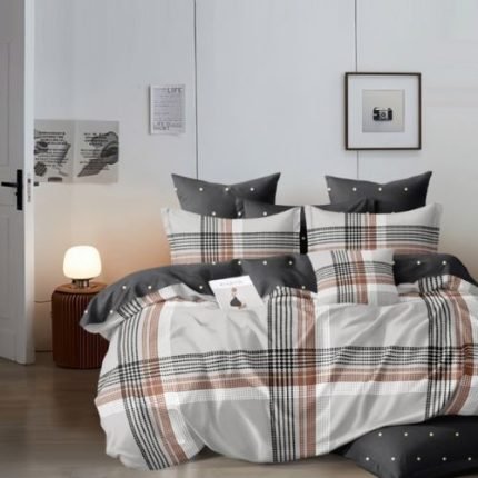 Kockás Ágynemű Szürke Drapp